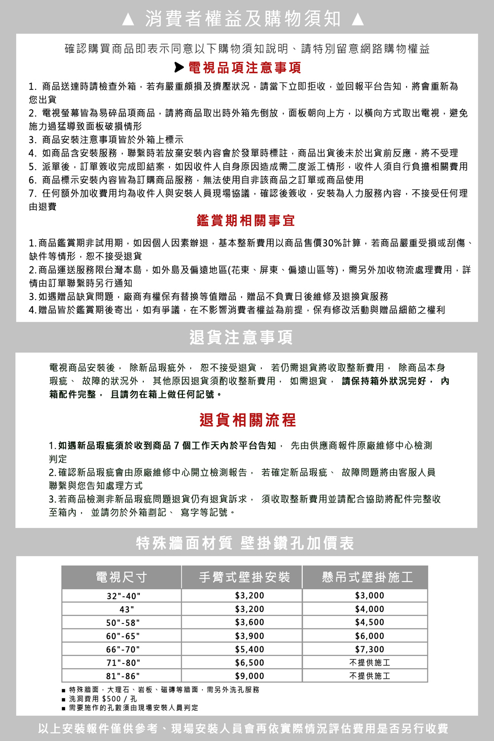 消費者權益及購物須知確認購買商品即表示同意以下購物須知說明請特別留意網路購物權益▶電視品項注意事項1.商品送達時請檢查外箱若有嚴重損及擠壓狀況請當下立即拒收,並回報平台告知,將會重新為您出貨2.電視螢幕皆為易碎品項商品,請將商品取出時外箱先倒放,面板朝向上方,以橫向方式取出電視,避免施力過猛導致面板破損情形3.商品安裝注意事項皆於外箱上標示4. 如商品含安裝服務,聯繫時若放棄安裝會於發單時標註,商品出貨後未於出貨前反應,將不受理5.派單後,訂單簽收完成即結案,如因收件人自身原因造成需二度派工情形,收件人須自行負擔相關費用6.商品標示安裝內容皆為訂購商品服務,無法使用自非該商品之訂單或商品使用7. 任何額外加收費用均為收件人與安裝人員現場協議,確認後簽收,安裝為人力服務內容,不接受任何理由退費鑑賞期相關事宜1.商品鑑賞期非試用期,如因個人因素辦退,基本整新費用以商品售價30%計算,若商品嚴重受損或刮傷、缺件等情形,恕不接受退貨2. 商品運送服務限台灣本島,如外島及偏遠地區(花東、屏東、偏遠山區等),需另外加收物流處理費用,詳情由訂單聯繫時另行通知3. 如遇贈品缺貨問題,廠商有權保有替換等值贈品,贈品不負責日後維修及退換貨服務4.贈品皆於鑑賞期後寄出,如有爭議,在不影響消費者權益為前提,保有修改活動與贈品細節之權利退貨注意事項電視商品安裝後, 除新品瑕疵外,恕不接受退貨, 若仍需退貨將收取整新費用, 除商品本身瑕疵、 故障的狀況外,其他原因退貨須酌收整新費用, 如需退貨,請保持箱外狀況完好,內箱配件完整, 且請勿在箱上做任何記號。退貨相關流程1. 如遇新品瑕疵須於收到商品7個工作天內於平台告知, 先由供應商報件原廠維修中心檢測判定2. 確認新品瑕疵會由原廠維修中心開立檢測報告,若確定新品瑕疵、故障問題將由客服人員聯繫與您告知處理方式3. 若商品檢測非新品瑕疵問題退貨仍有退貨訴求,須收取整新費用並請配合協助將配件完整收至箱內, 並請勿於外箱劃記、 寫字等記號。特殊牆面材質 壁掛鑽孔加價表電視尺寸手臂式壁掛安裝 懸吊式壁掛施工32-40$3,200$3,00043$3,200$4,00050-58$3,600$4,50060-65$3,900$6,00066-70$5,400$7,30071-80$6,500不提供施工81-86$9,000不提供施工特殊牆面,大理石、岩板、磁磚等牆面,需另外洗孔服務洗洞費用 $500/ 孔需要施作的孔數須由現場安裝人員判定以上安裝報件僅供參考、現場安裝人員會再依實際情況評估費用是否另行收費