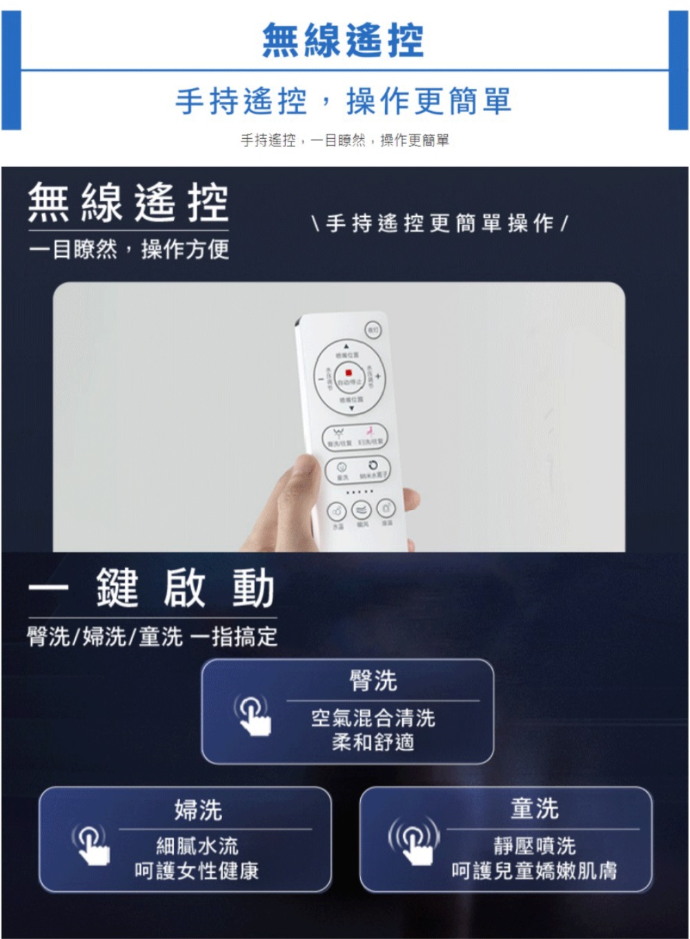 無線遙控手持遙控,操作更簡單手持遙控,目瞭然,操作更簡單無線遙控手持遙控更簡單操作/一目瞭然,操作方便 一鍵啟動臀洗/婦洗/童洗一指搞定臀洗婦洗細膩水流呵護女性健康空氣混合清洗柔和舒適童洗靜壓噴洗呵護兒童嬌嫩肌膚