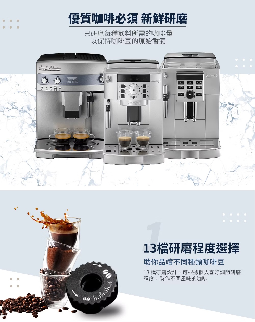 優質咖啡必須 新鮮研磨只研磨每種飲料所需的咖啡量以保持咖啡豆的原始香氣MAGNIFICA0013研磨程度選擇助你品嚐不同種類咖啡豆13 檔研磨設計,可根據個人喜好調節研磨程度,製作不同風味的咖啡